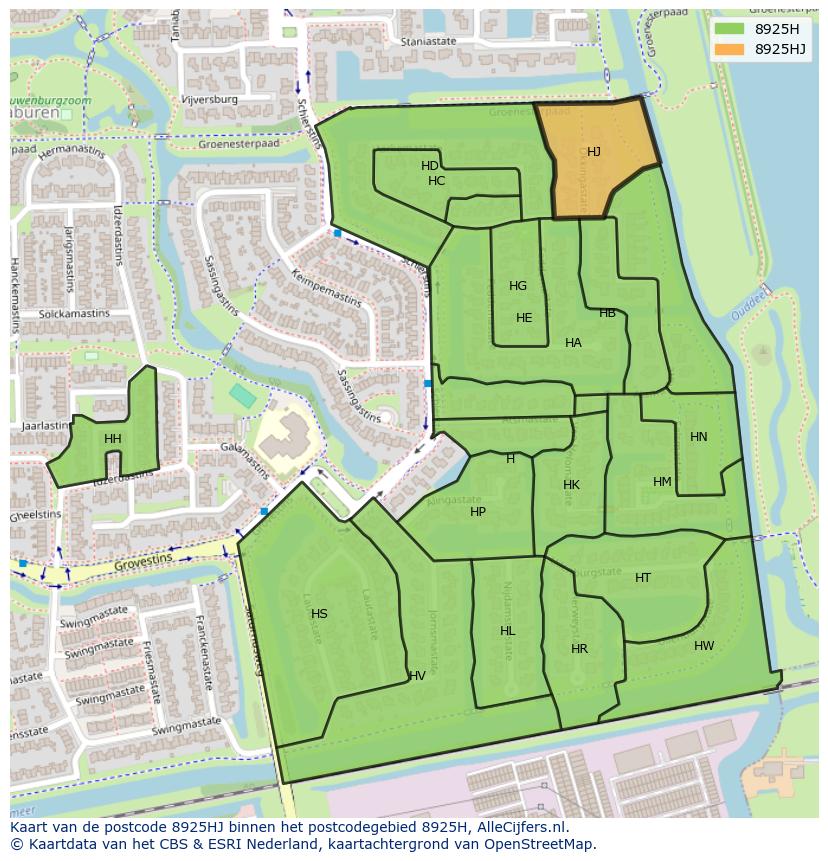 Afbeelding van het postcodegebied 8925 HJ op de kaart.
