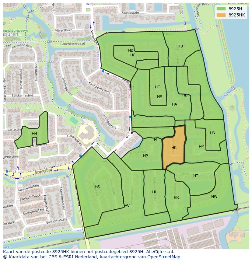 Afbeelding van het postcodegebied 8925 HK op de kaart.