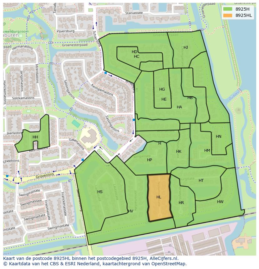 Afbeelding van het postcodegebied 8925 HL op de kaart.