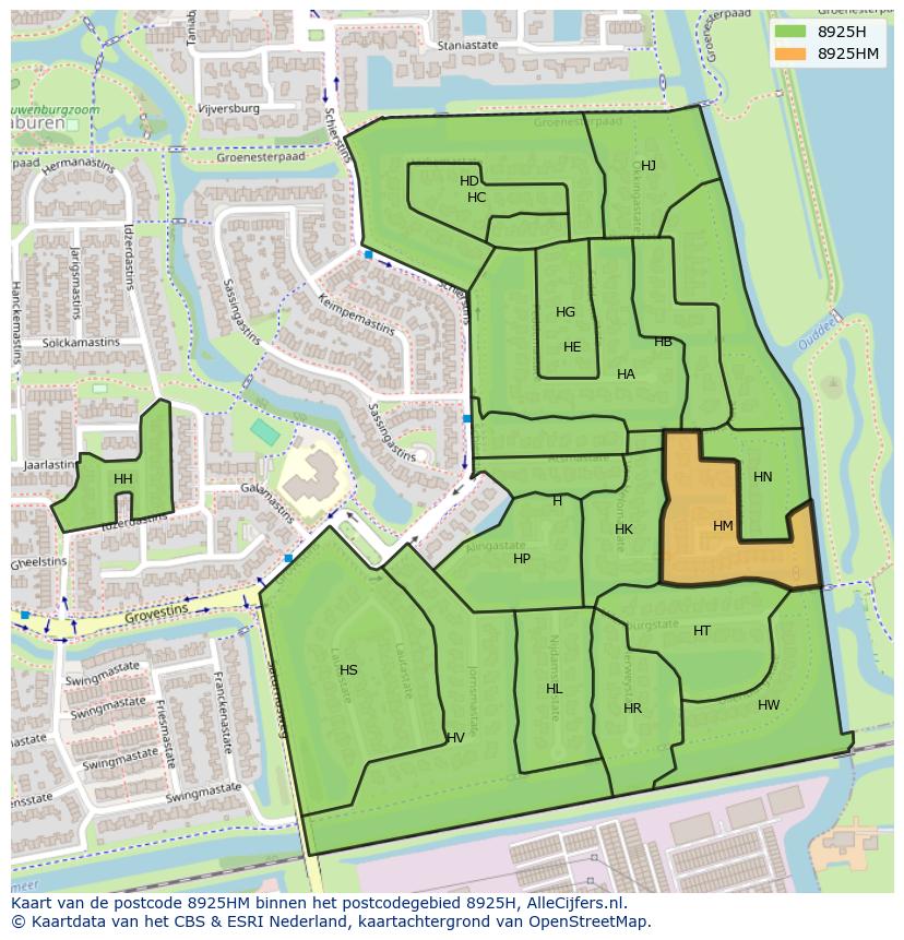 Afbeelding van het postcodegebied 8925 HM op de kaart.