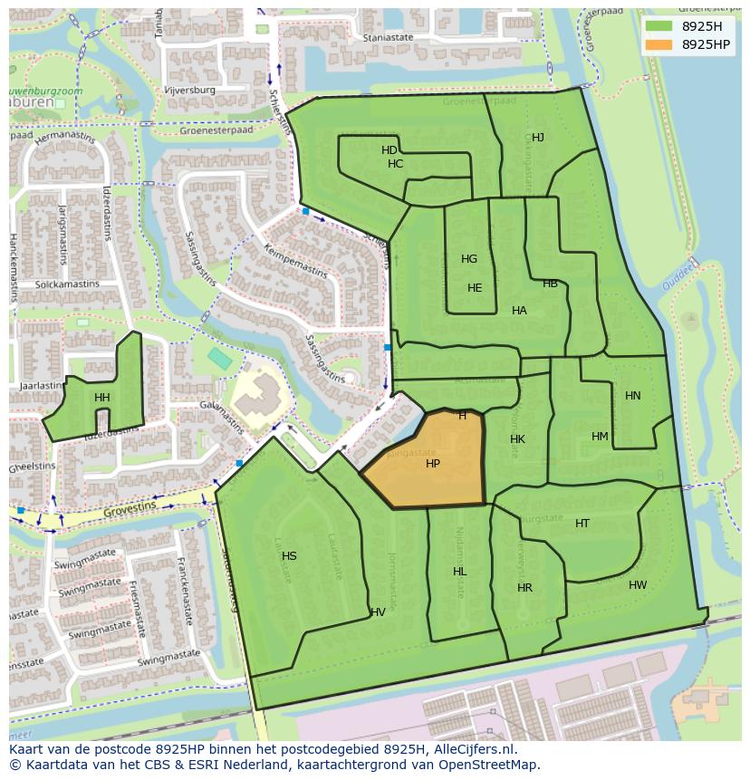 Afbeelding van het postcodegebied 8925 HP op de kaart.