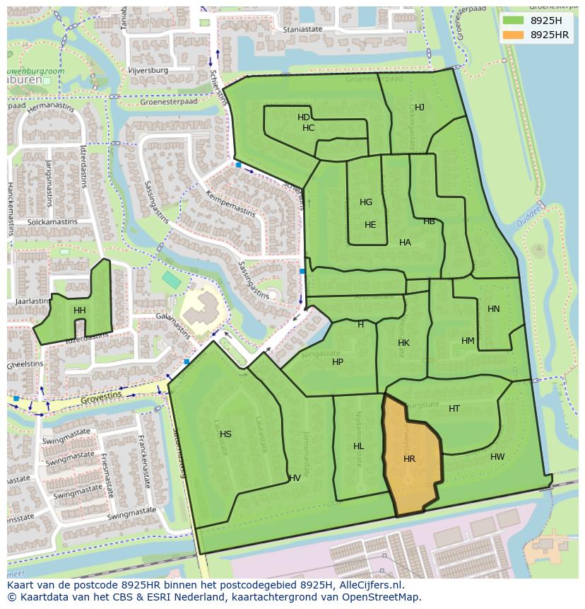 Afbeelding van het postcodegebied 8925 HR op de kaart.