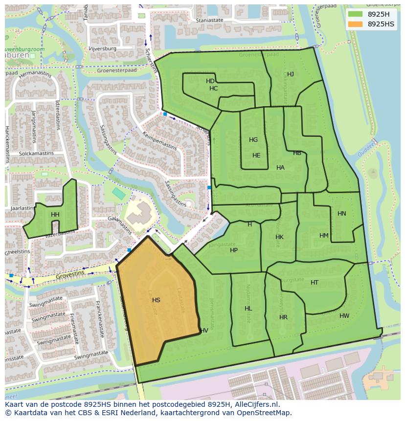 Afbeelding van het postcodegebied 8925 HS op de kaart.