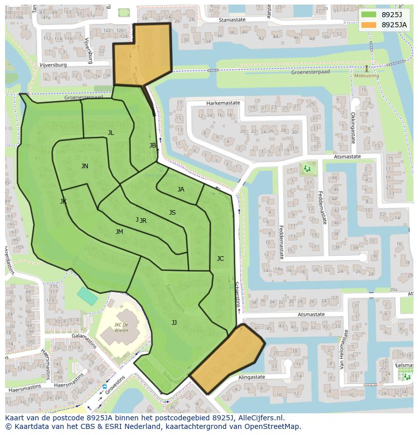 Afbeelding van het postcodegebied 8925 JA op de kaart.