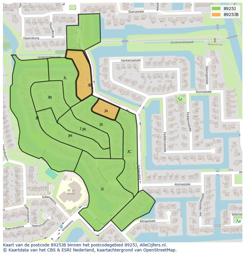 Afbeelding van het postcodegebied 8925 JB op de kaart.