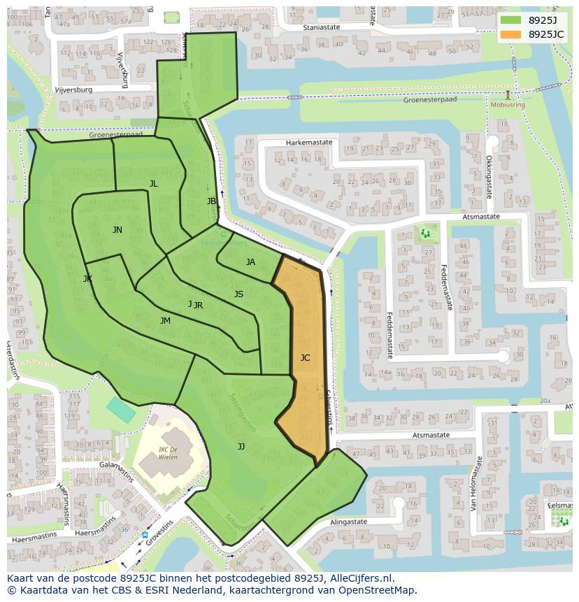 Afbeelding van het postcodegebied 8925 JC op de kaart.