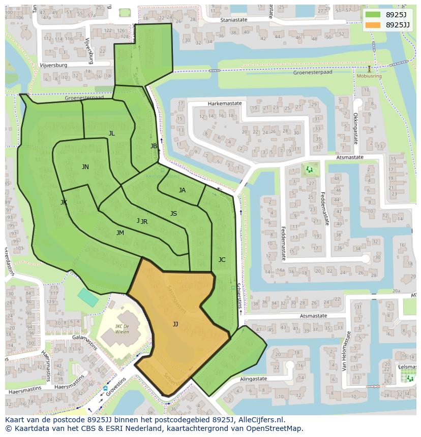 Afbeelding van het postcodegebied 8925 JJ op de kaart.