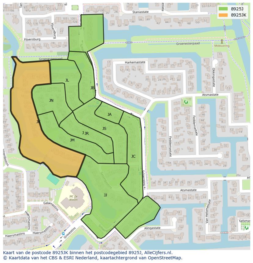Afbeelding van het postcodegebied 8925 JK op de kaart.