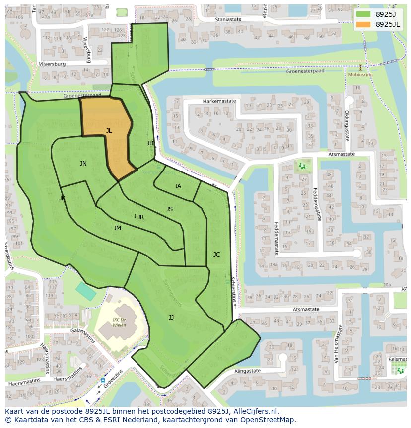 Afbeelding van het postcodegebied 8925 JL op de kaart.