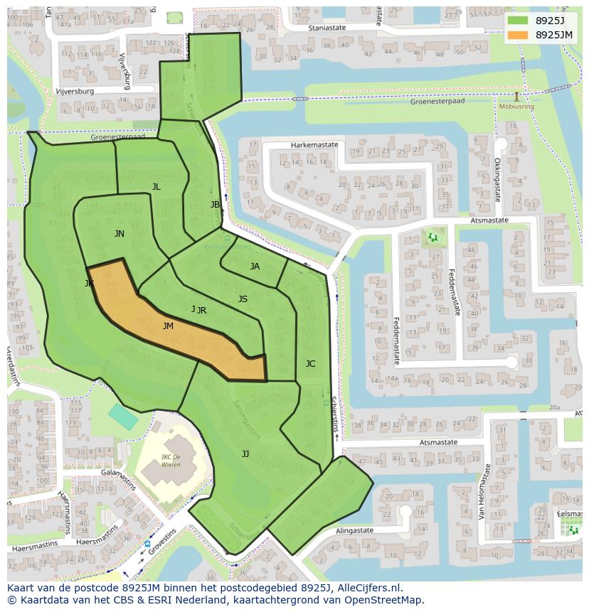 Afbeelding van het postcodegebied 8925 JM op de kaart.