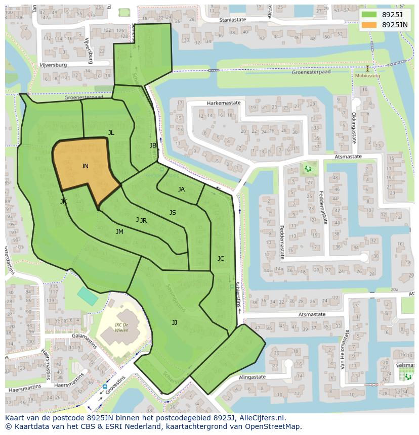 Afbeelding van het postcodegebied 8925 JN op de kaart.