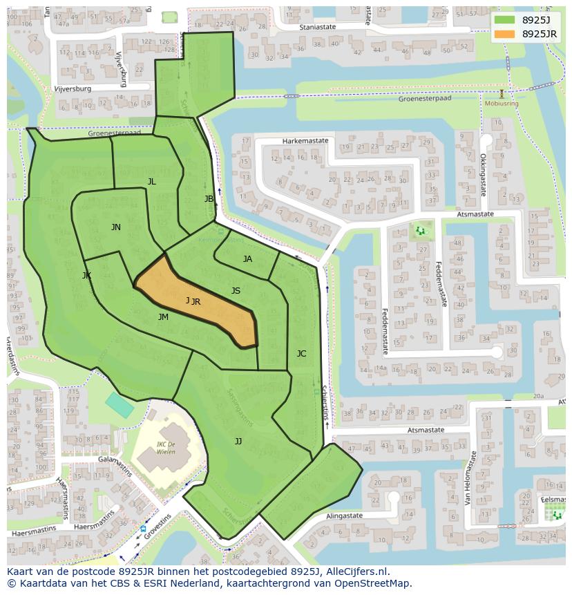 Afbeelding van het postcodegebied 8925 JR op de kaart.
