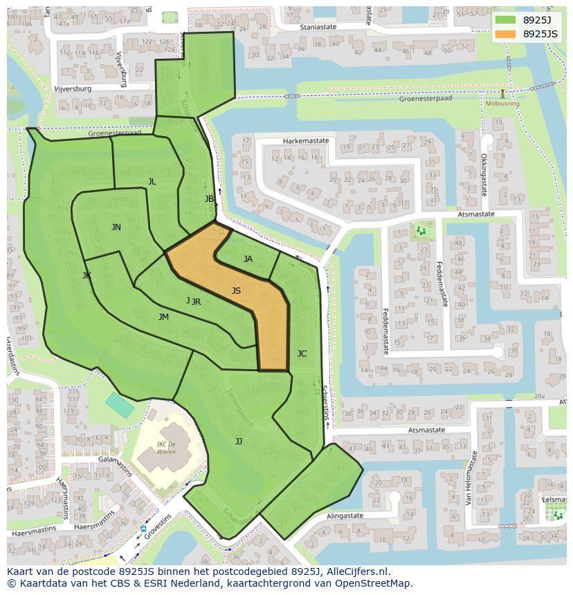 Afbeelding van het postcodegebied 8925 JS op de kaart.