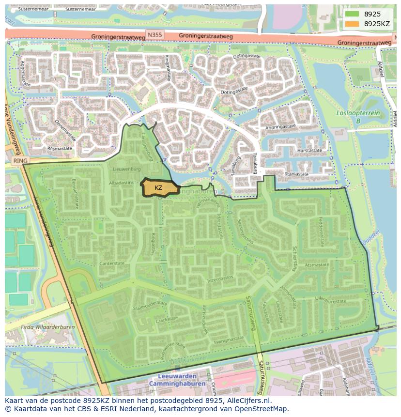 Afbeelding van het postcodegebied 8925 KZ op de kaart.