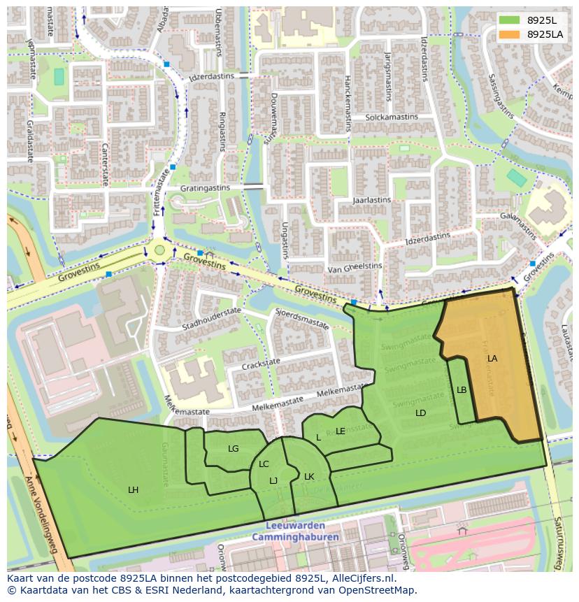 Afbeelding van het postcodegebied 8925 LA op de kaart.
