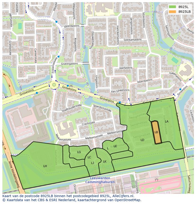 Afbeelding van het postcodegebied 8925 LB op de kaart.