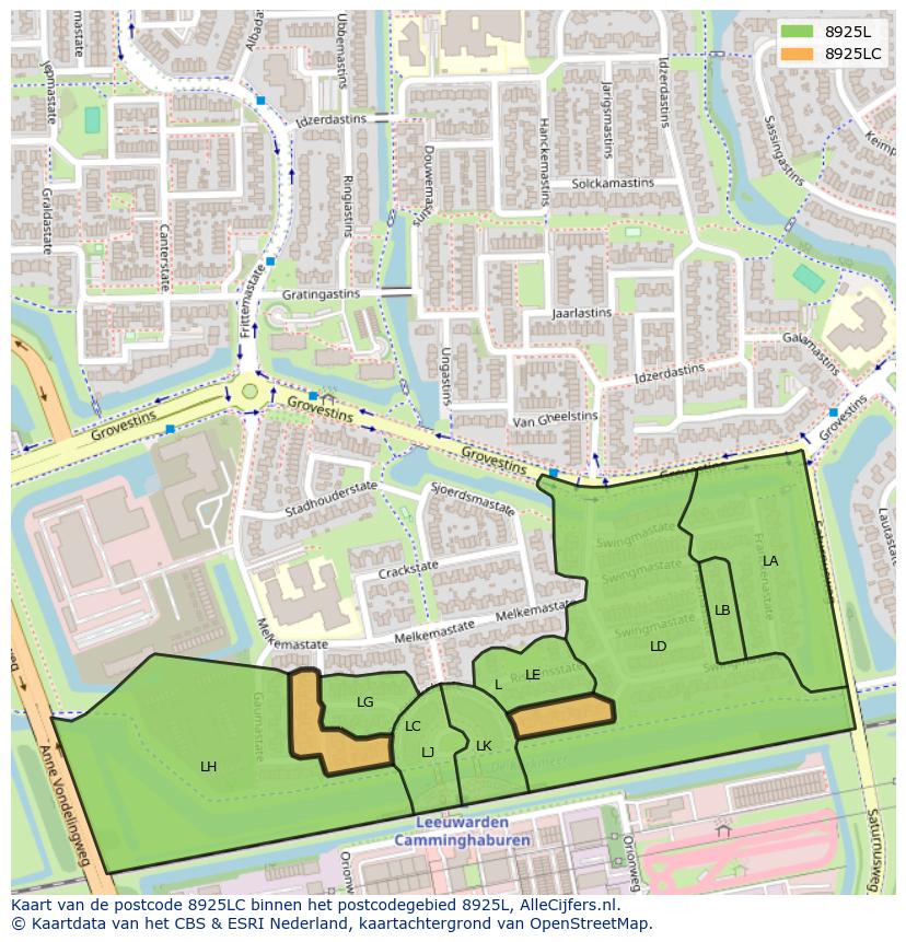 Afbeelding van het postcodegebied 8925 LC op de kaart.