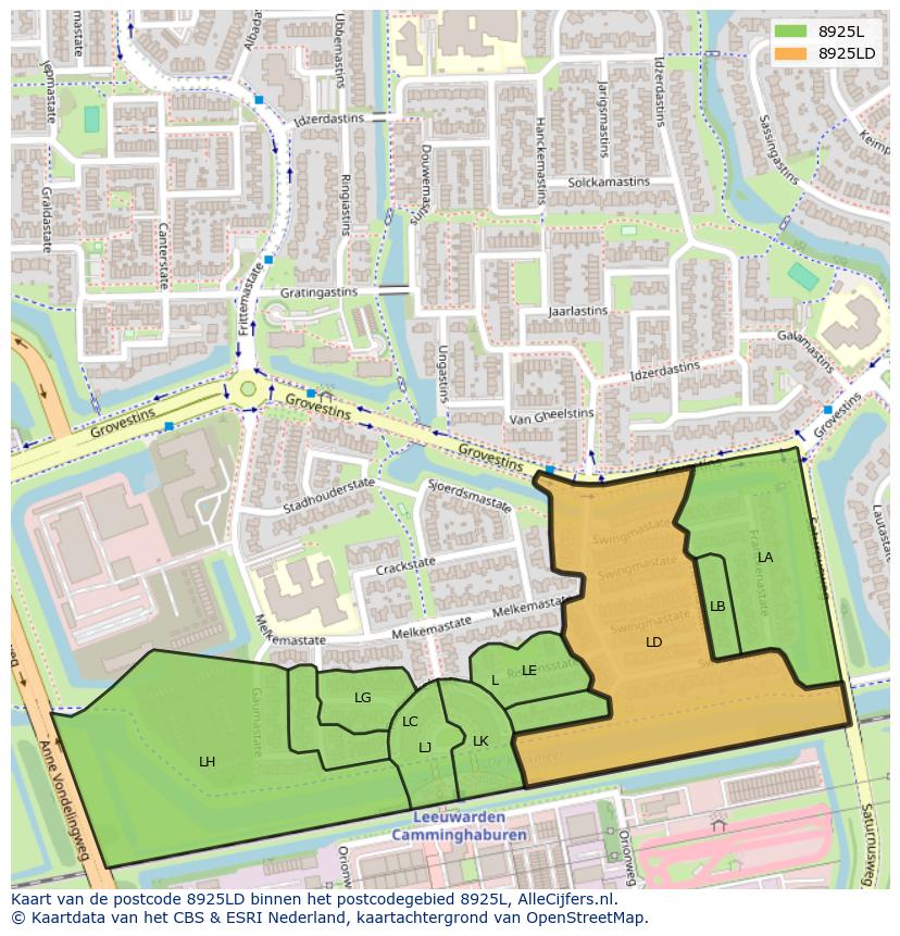 Afbeelding van het postcodegebied 8925 LD op de kaart.