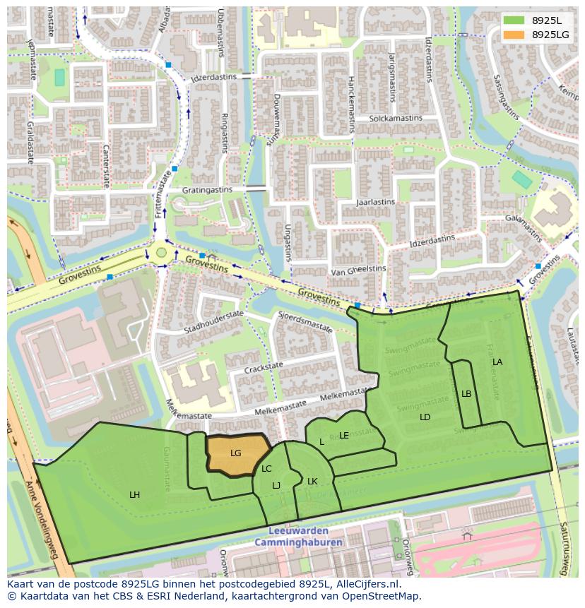 Afbeelding van het postcodegebied 8925 LG op de kaart.