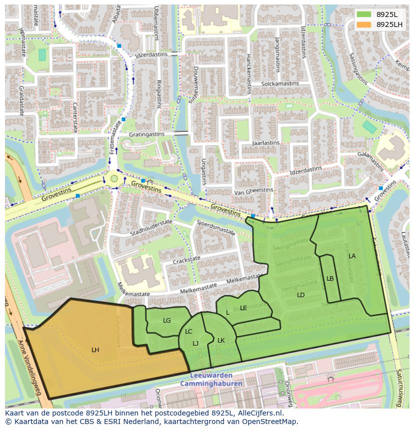 Afbeelding van het postcodegebied 8925 LH op de kaart.