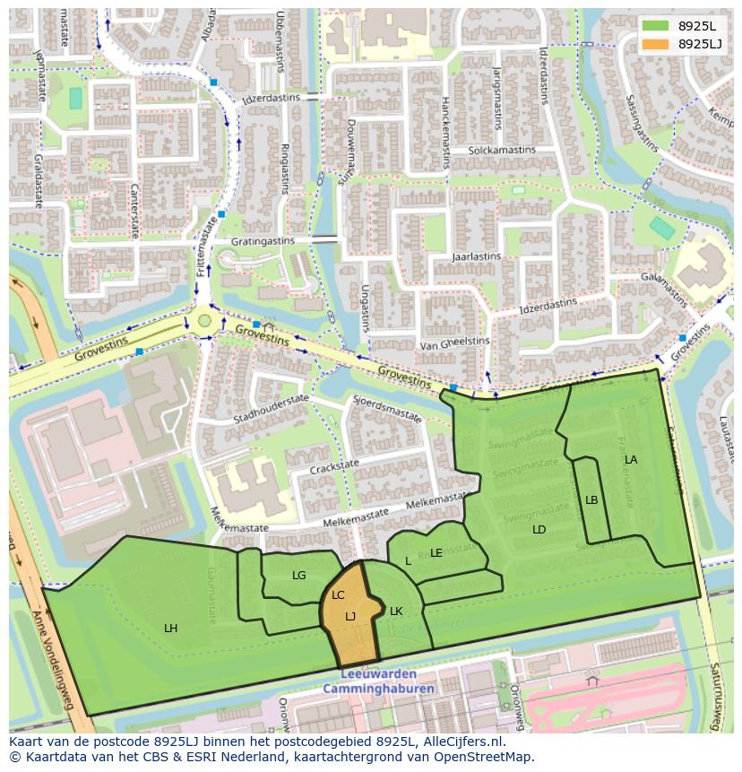 Afbeelding van het postcodegebied 8925 LJ op de kaart.