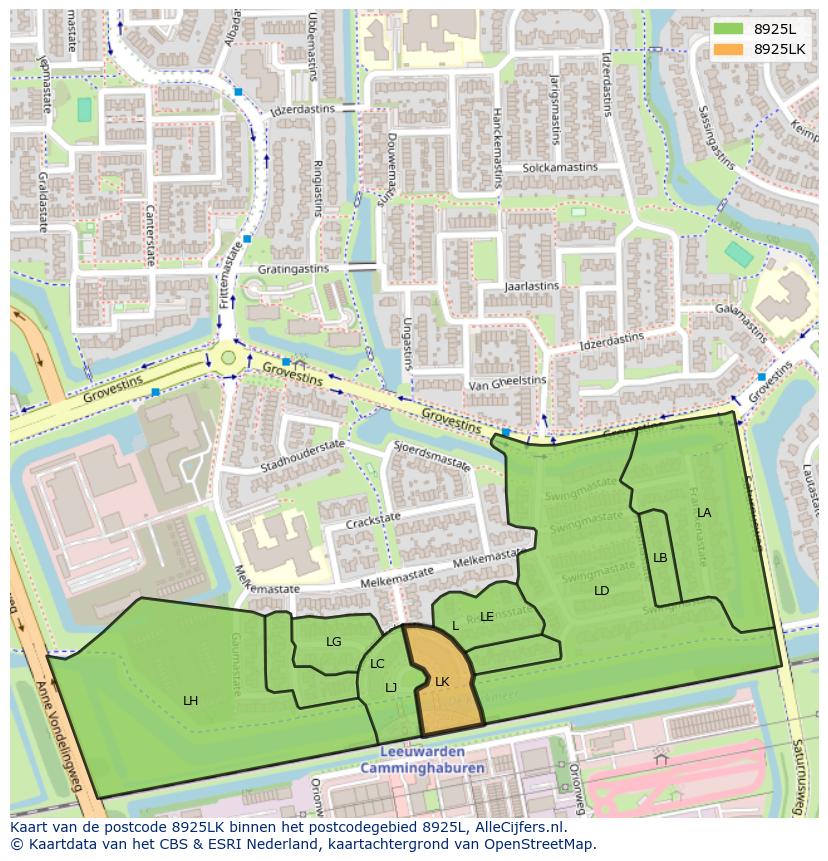 Afbeelding van het postcodegebied 8925 LK op de kaart.