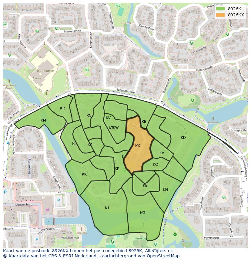 Afbeelding van het postcodegebied 8926 KX op de kaart.