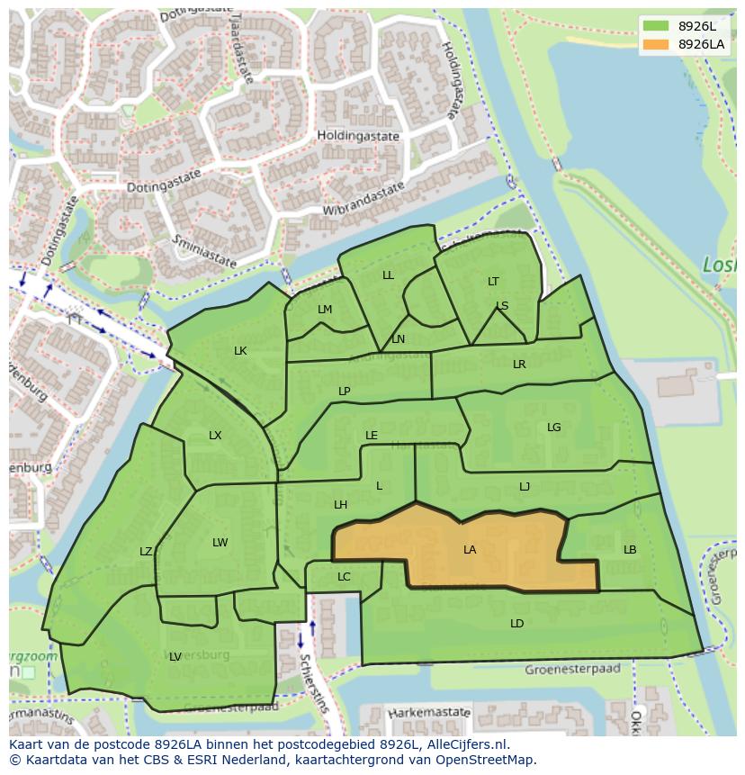Afbeelding van het postcodegebied 8926 LA op de kaart.