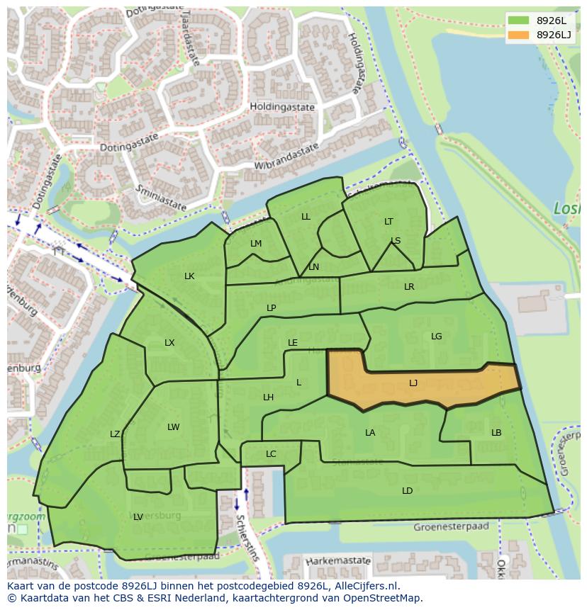 Afbeelding van het postcodegebied 8926 LJ op de kaart.