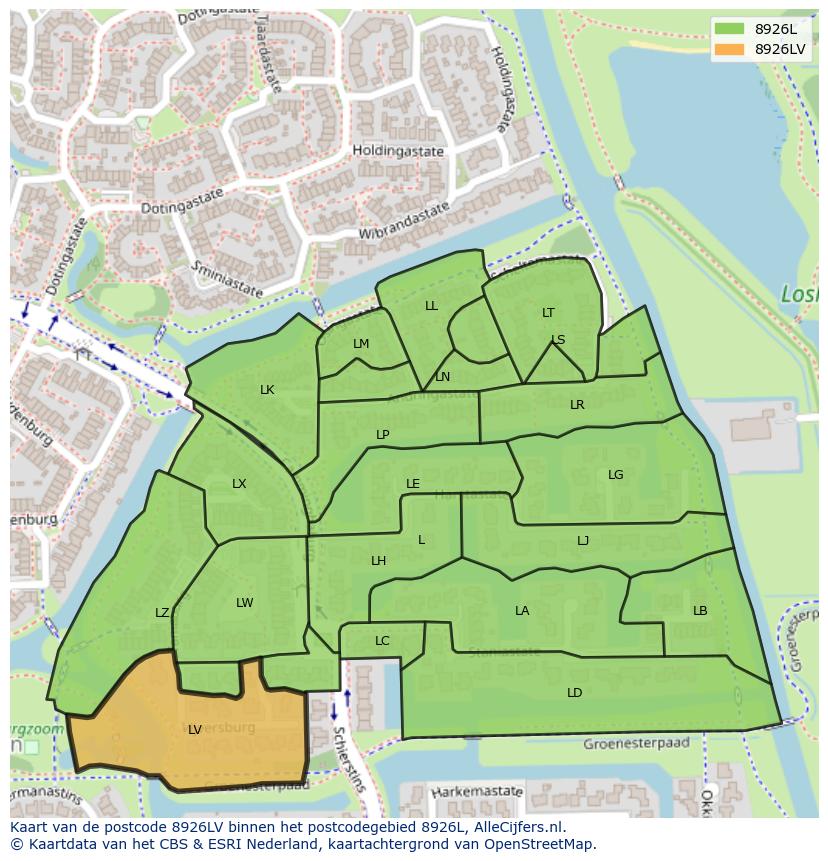 Afbeelding van het postcodegebied 8926 LV op de kaart.