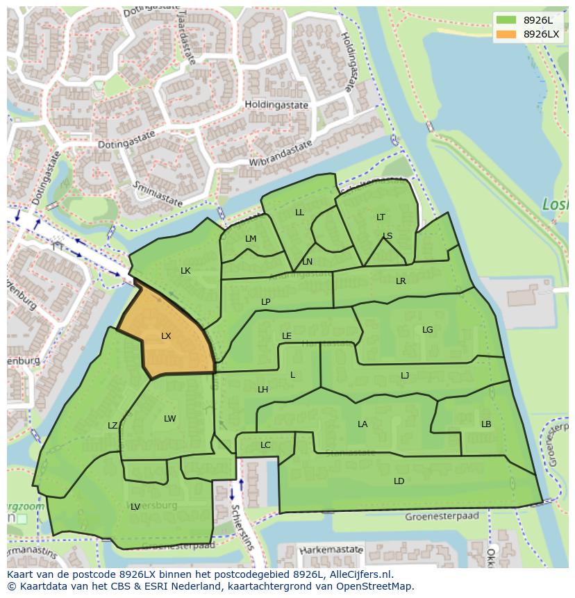 Afbeelding van het postcodegebied 8926 LX op de kaart.