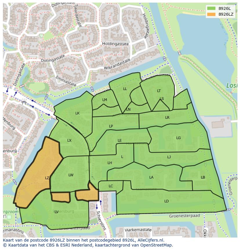 Afbeelding van het postcodegebied 8926 LZ op de kaart.