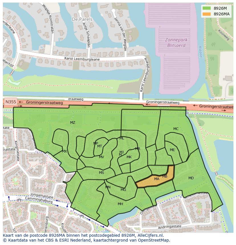 Afbeelding van het postcodegebied 8926 MA op de kaart.