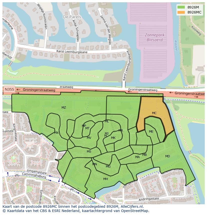 Afbeelding van het postcodegebied 8926 MC op de kaart.
