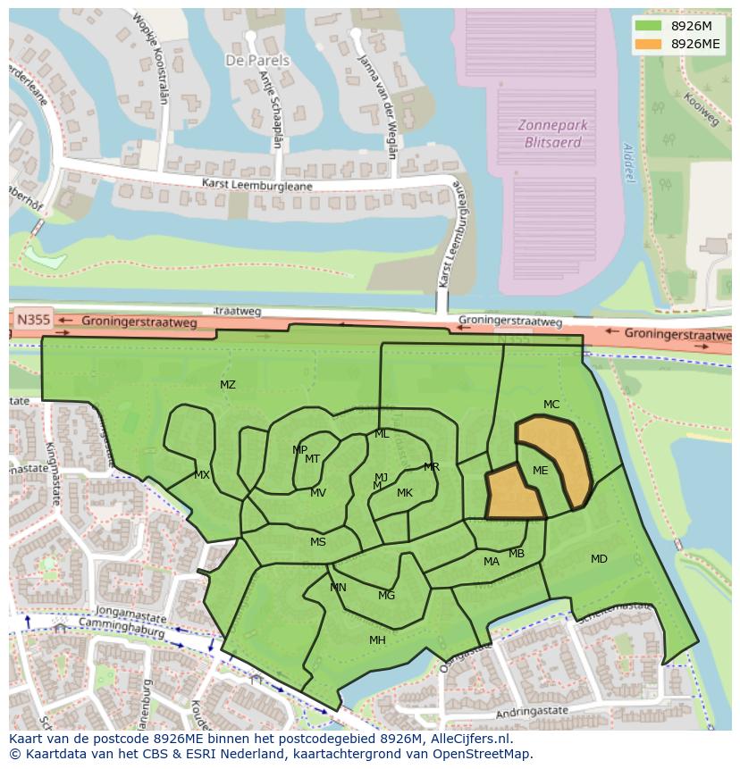 Afbeelding van het postcodegebied 8926 ME op de kaart.