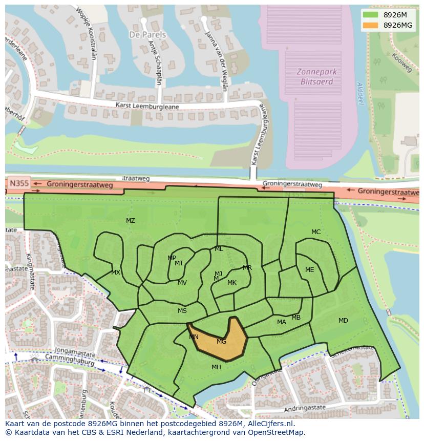 Afbeelding van het postcodegebied 8926 MG op de kaart.