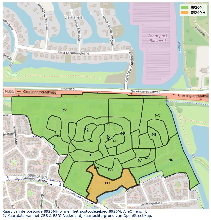 Afbeelding van het postcodegebied 8926 MH op de kaart.