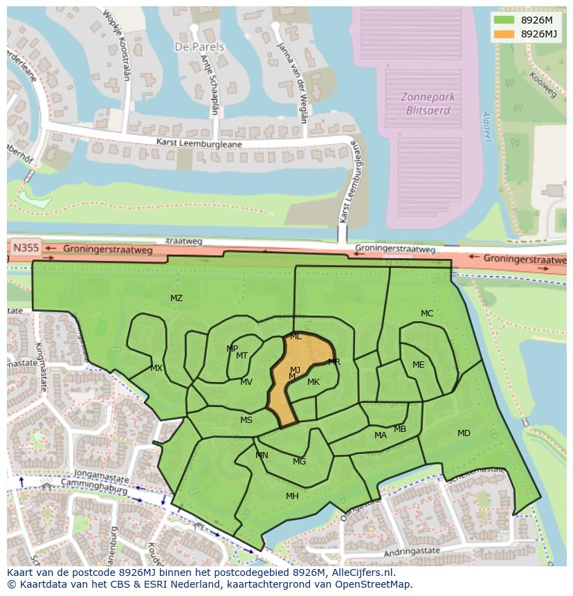 Afbeelding van het postcodegebied 8926 MJ op de kaart.
