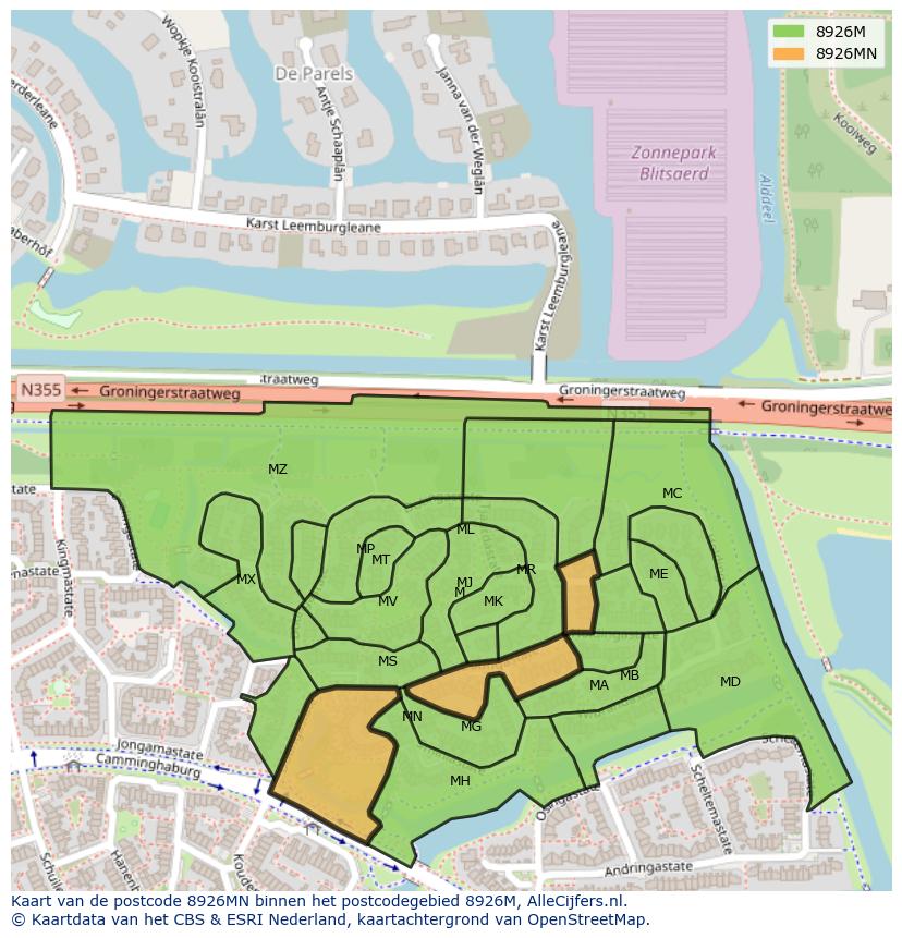 Afbeelding van het postcodegebied 8926 MN op de kaart.