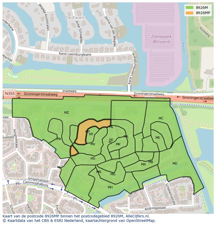 Afbeelding van het postcodegebied 8926 MP op de kaart.