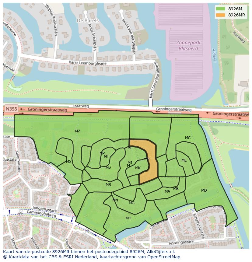 Afbeelding van het postcodegebied 8926 MR op de kaart.