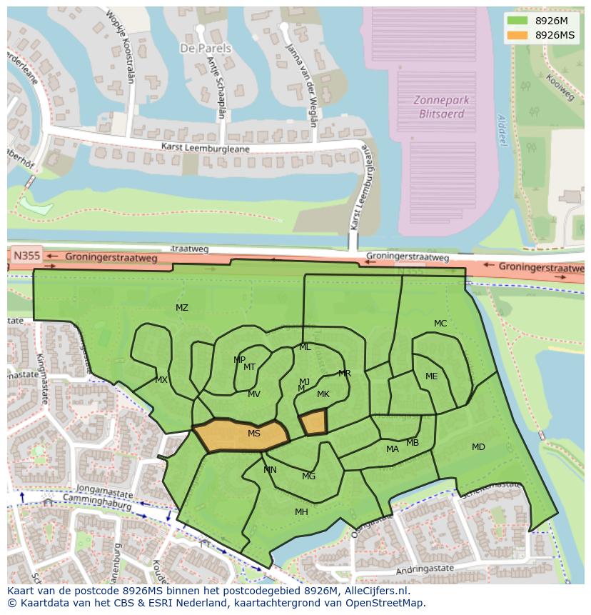 Afbeelding van het postcodegebied 8926 MS op de kaart.