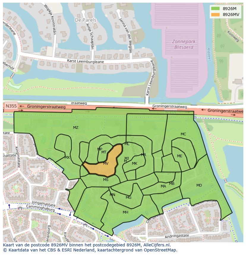 Afbeelding van het postcodegebied 8926 MV op de kaart.