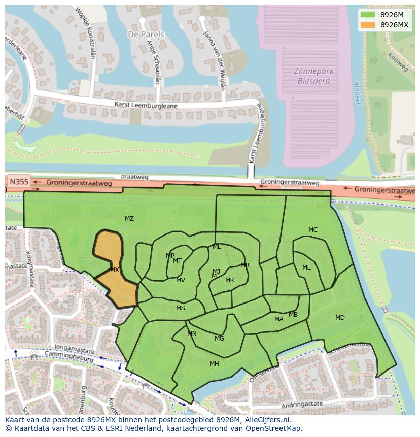 Afbeelding van het postcodegebied 8926 MX op de kaart.