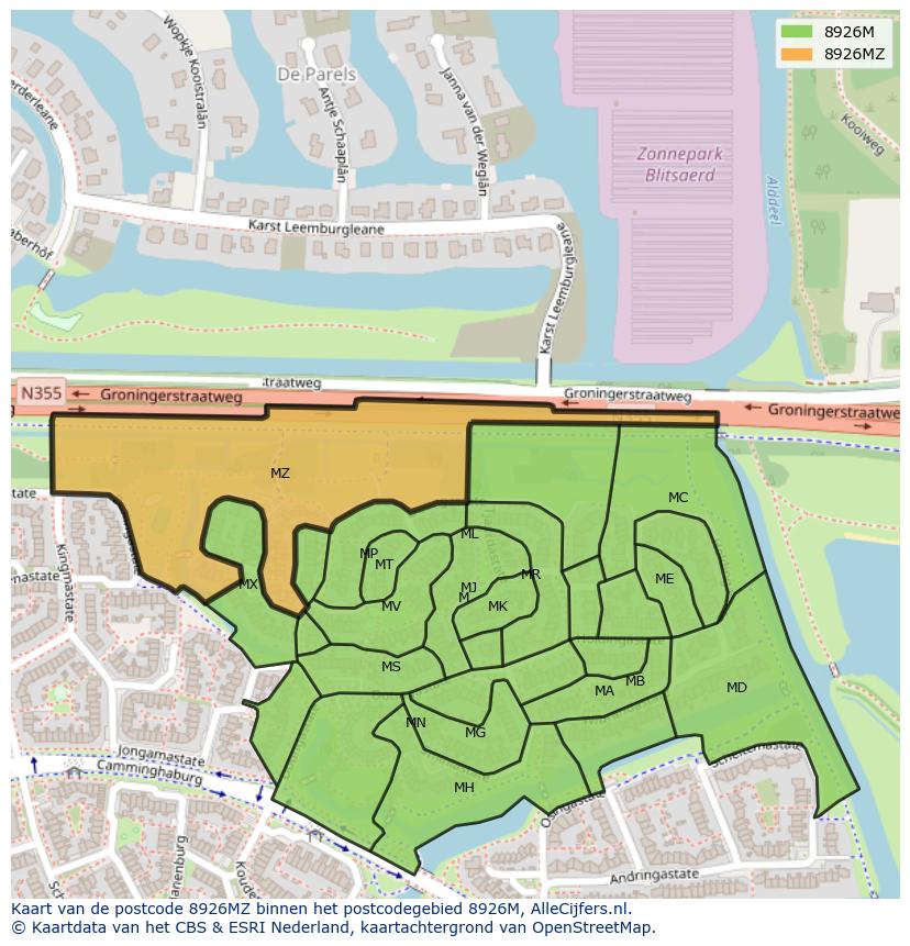 Afbeelding van het postcodegebied 8926 MZ op de kaart.
