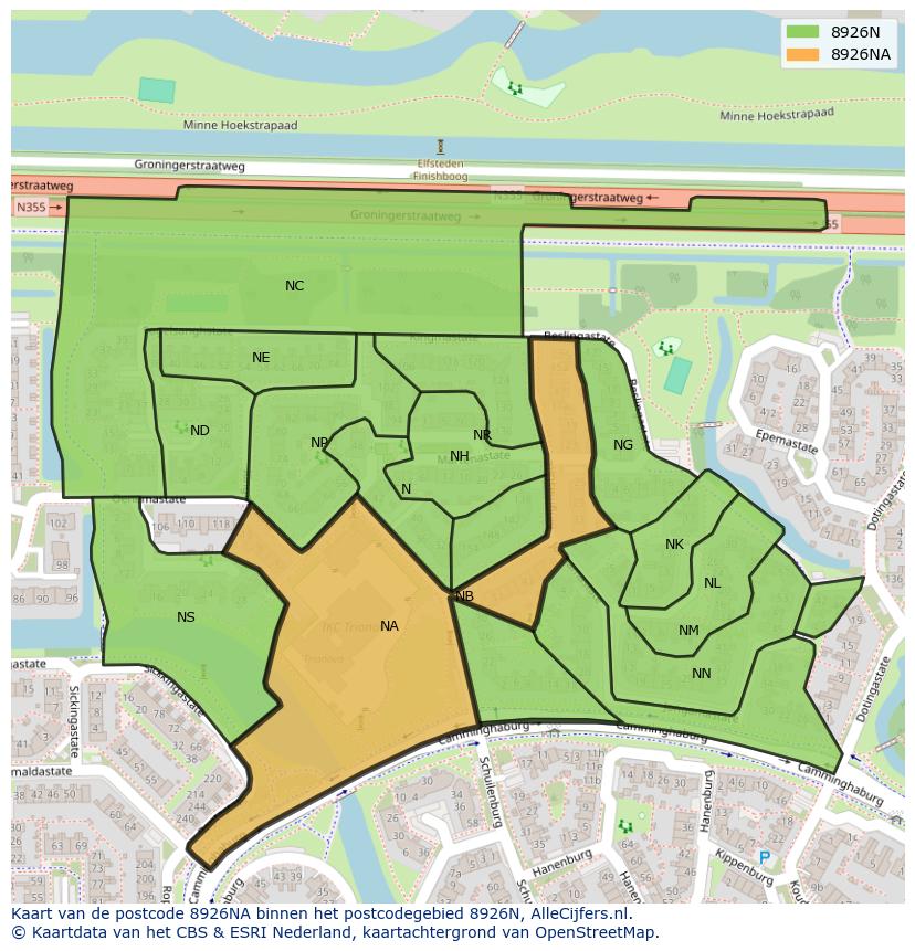 Afbeelding van het postcodegebied 8926 NA op de kaart.
