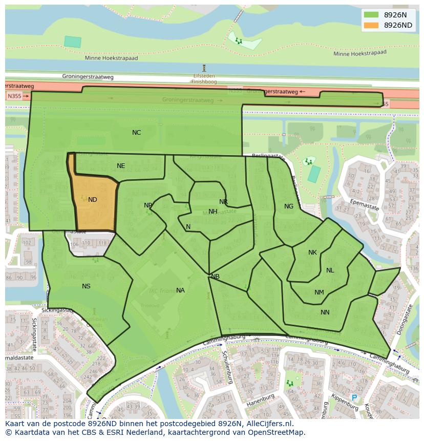 Afbeelding van het postcodegebied 8926 ND op de kaart.