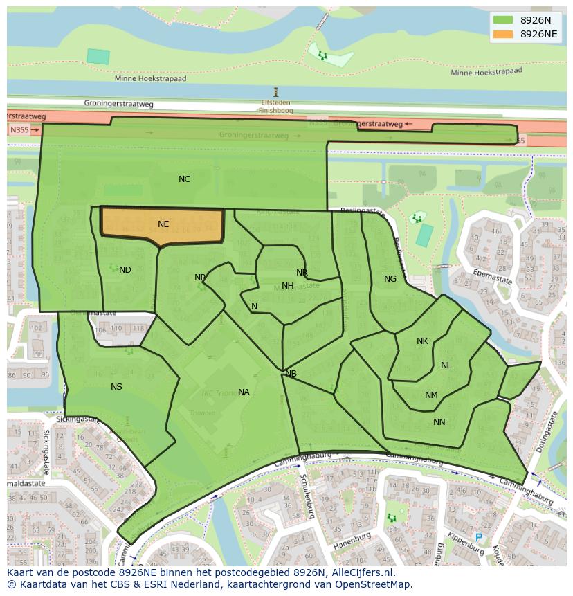 Afbeelding van het postcodegebied 8926 NE op de kaart.
