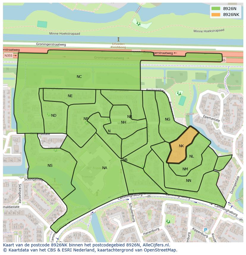 Afbeelding van het postcodegebied 8926 NK op de kaart.