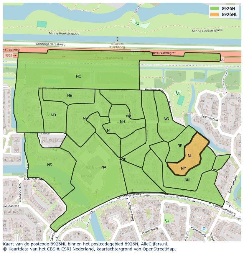 Afbeelding van het postcodegebied 8926 NL op de kaart.